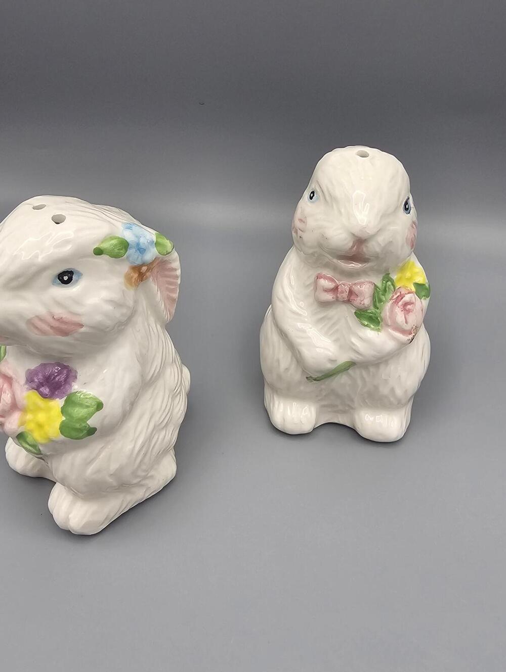 Ceramic Bunny Salt and Pepper Shakers with Floral Design